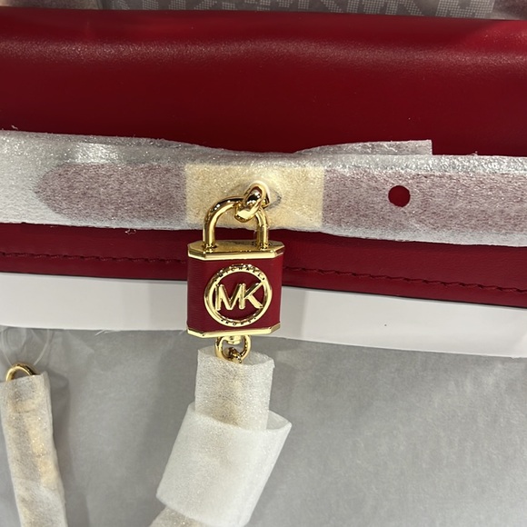 NWT - Michael Kors Hamilton Legacy Sm Logo Belted Satchel, Crimson/Brown - Picture 8 of 11